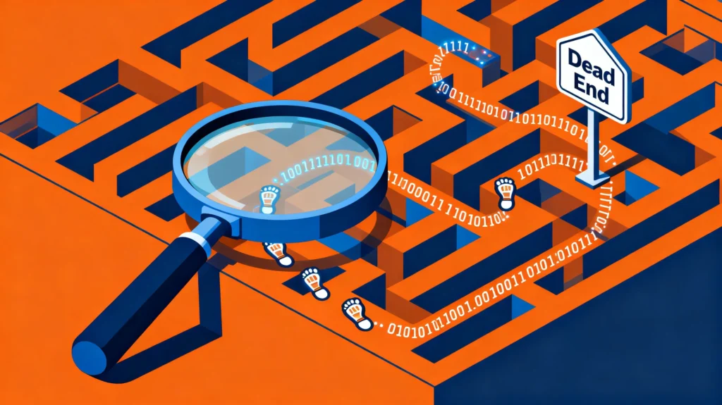 Detective magnifying glass following footprints