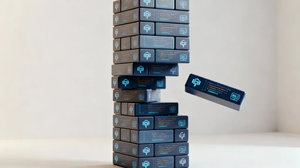 Jenga toren van digitale blokken die omvalt