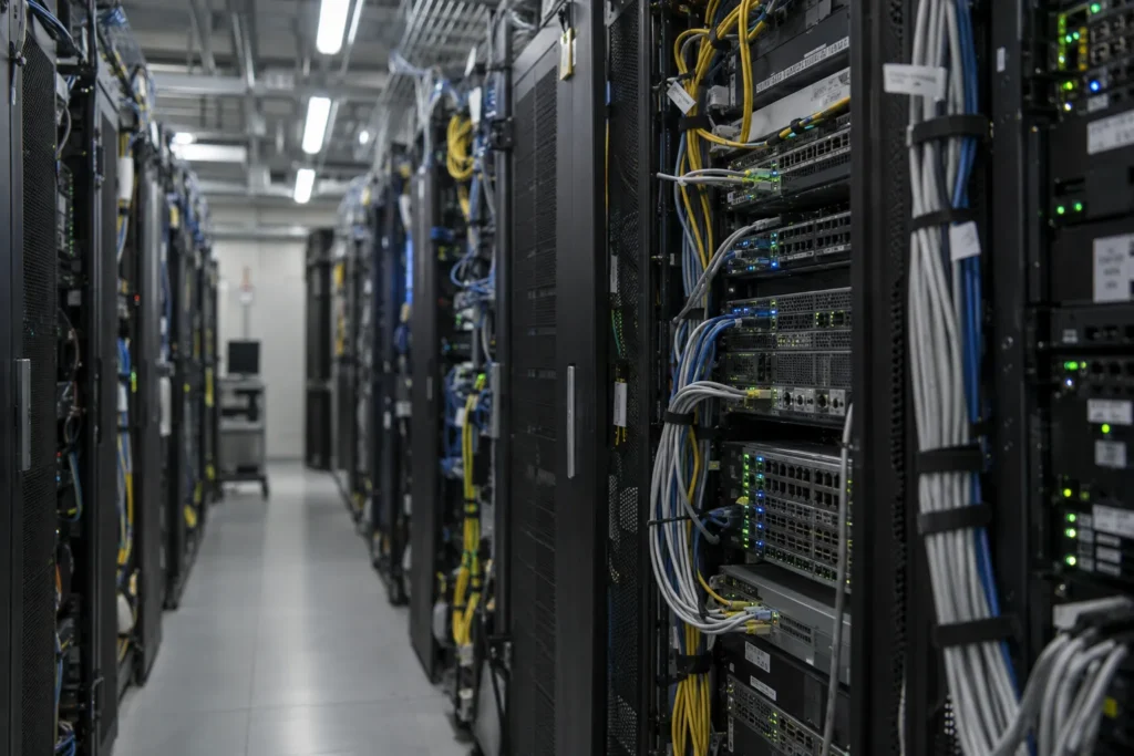 Gangpad in een datacenter met rijen serverkasten
